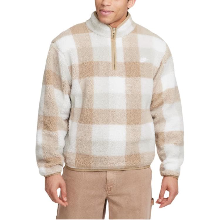 Nike Plaid Sherpa Half-Zip Pullover Jacket Beige White
