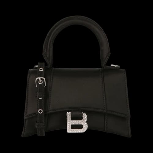Balenciaga XS Hourglass Top Handle Bag In Satin and Strass Black