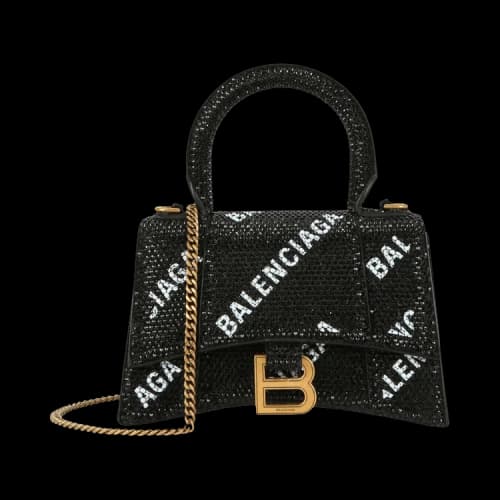 Balenciaga Hourglass XS Top Handle Bag With Allover Logo Strass Black White