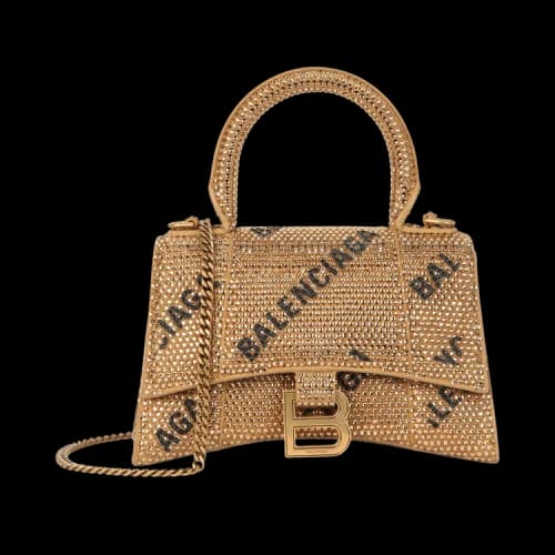 Balenciaga Hourglass XS Top Handle Bag With Allover Logo Strass Gold Black