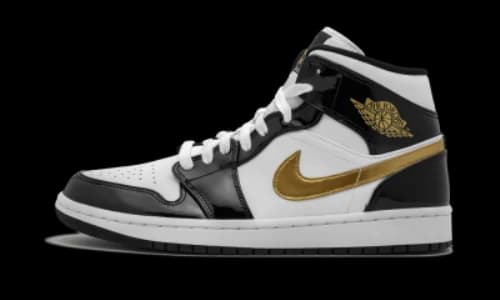 Jordan 1 Mid Patent Black White Gold