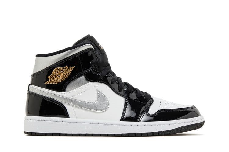 Jordan 1 Mid SE Patent Black White Metallic Silver Metallic Gold