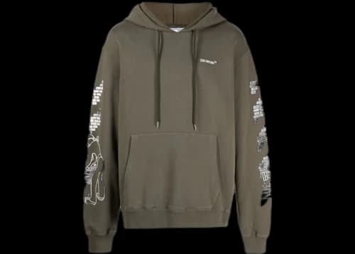 OFF-WHITE Bricks-Print Drop-Shoulder Hoodie Military Green