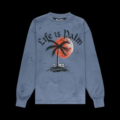 Palm Angels Sunset Palm Garmet Dyed Long Sleeve Sweatshirt Blue