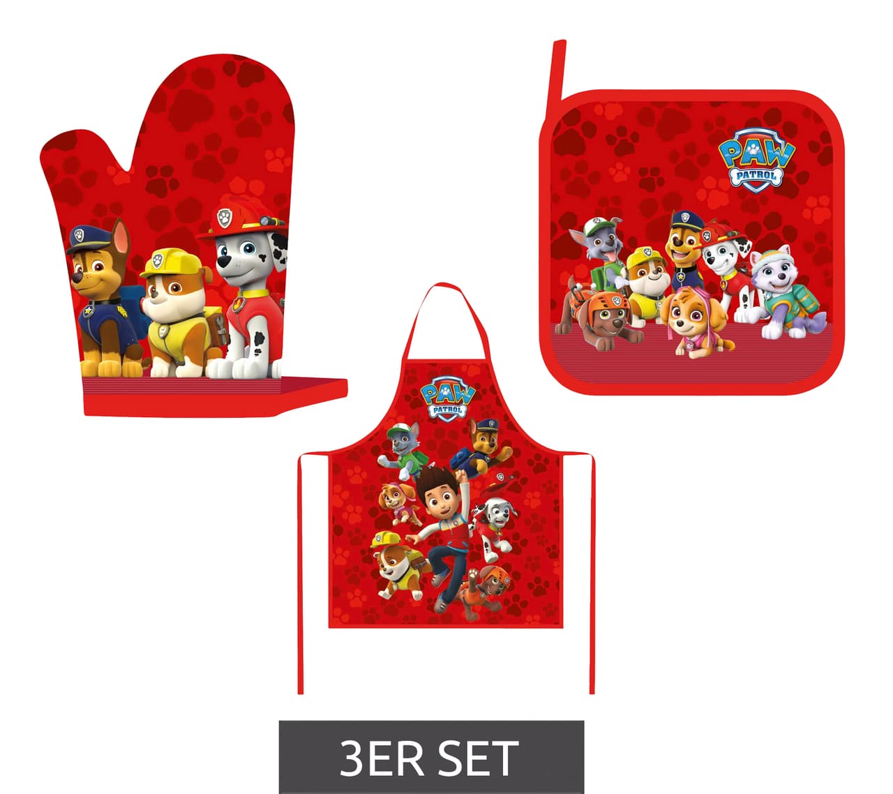 nickelodeon Conjunto de delantal de 3 piezas de PAW PATROL con guante, delantal y posavasos de algodón puro **Grado B – probado y completamente funcional** Rojo