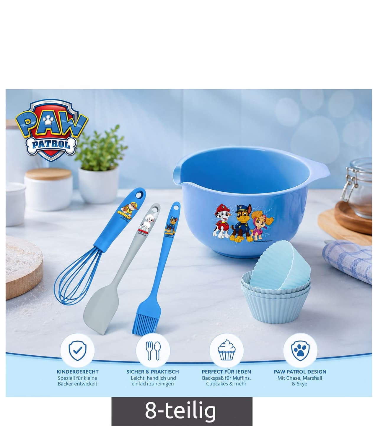 nickelodeon Juego de repostería de 8 piezas de PAW PATROL con bol, 4 moldes para muffins y 3 utensilios para hornear **Producto de segunda mano – Probado y en perfecto funcionamiento** Azul