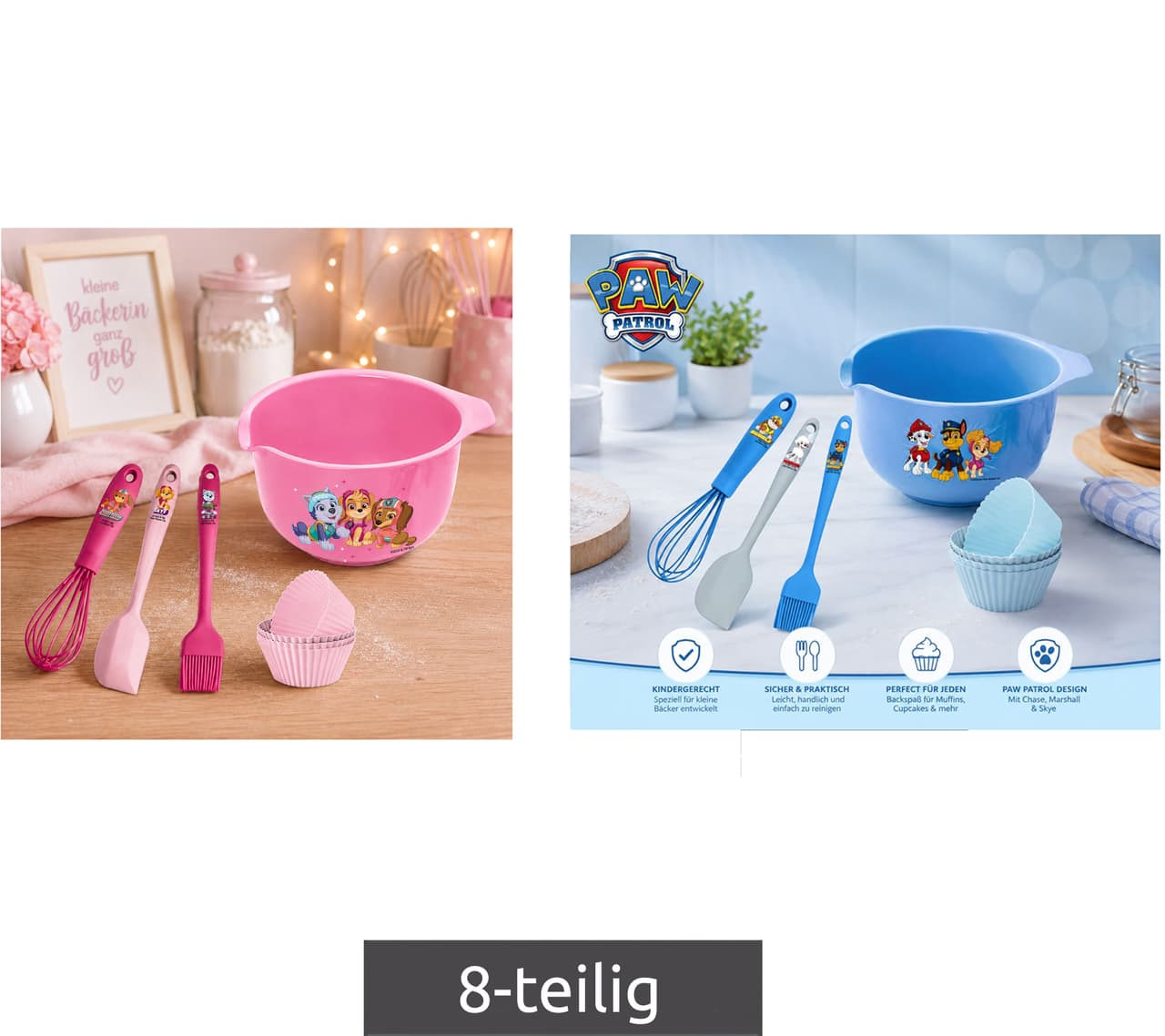 nickelodeon Set de repostería de 8 piezas de PAW PATROL con bol, 4 moldes para muffins y 3 utensilios para hornear **Producto de segunda mano – Probado y en perfecto estado** en rosa o azul