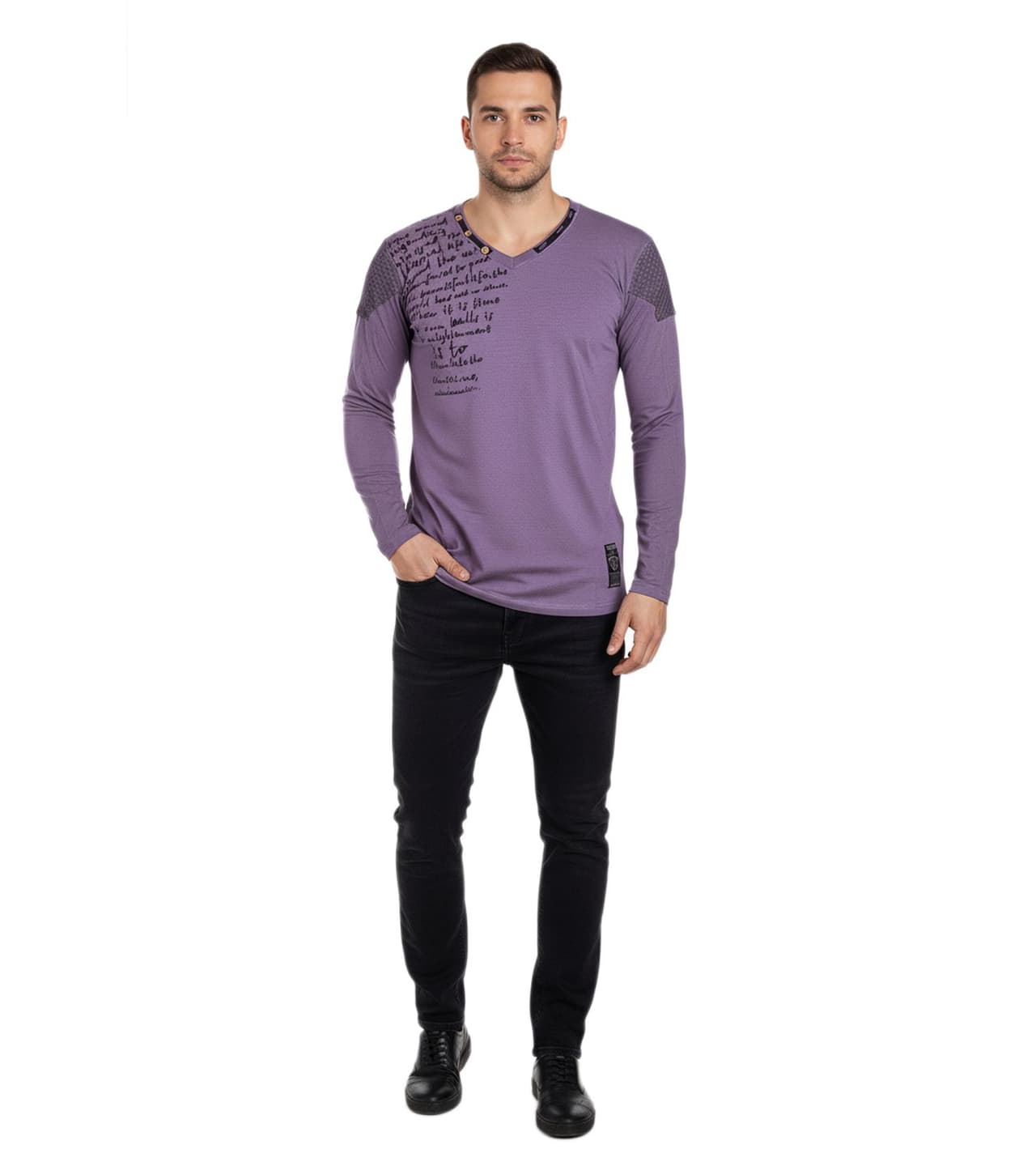 O46RN (MB2) Camisa de manga larga para hombre, moderna, con cuello en V, estampado lavado y corte ajustado 0117 Violeta