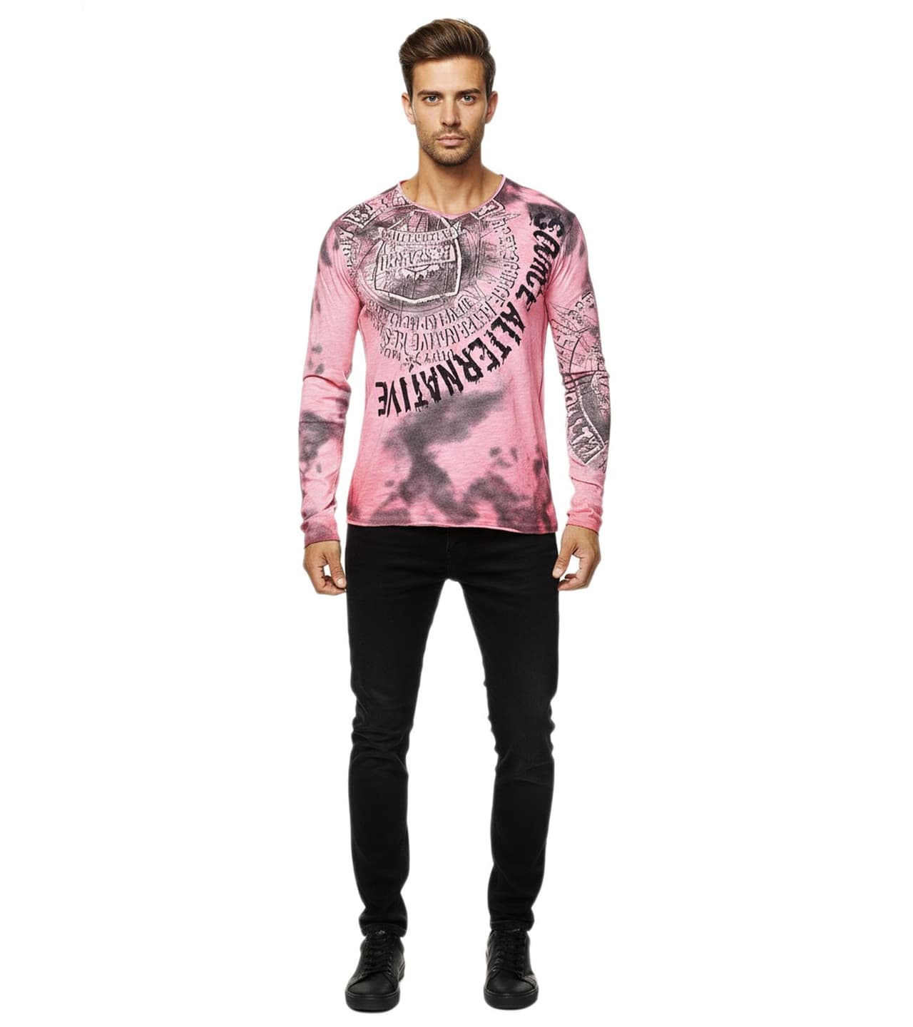 O46RN (MB2) Camisa de manga larga para hombre, cuello en V, diseño con estampado lavado, corte ajustado, color coral