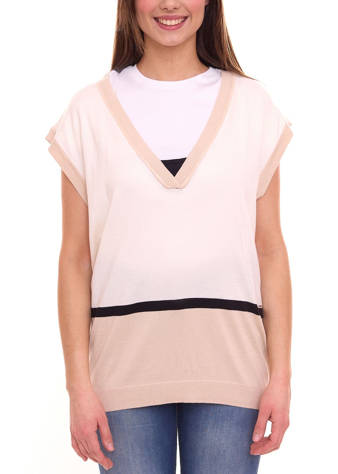 bruno banani Jersey sin mangas para mujer con bloques de color de viscosa sostenible beige/negro