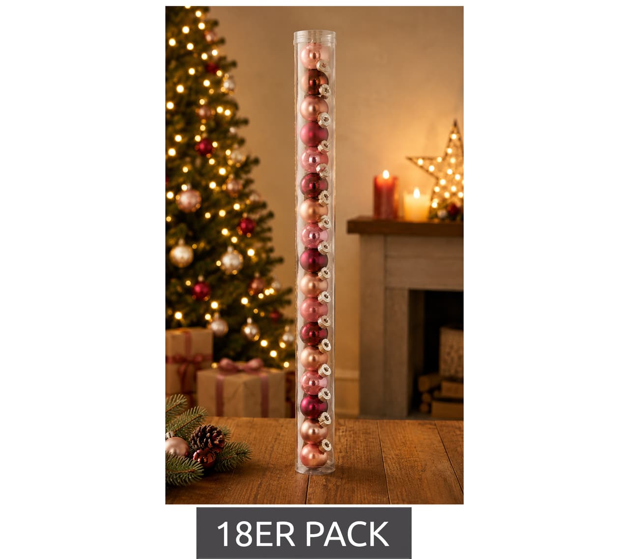 gwd Trend & Ambiente Juego de 18 adornos navideños de cristal, 25 mm de diámetro, **Producto de segunda mano – Inspeccionado y en perfecto estado** Rosa mate/brillante