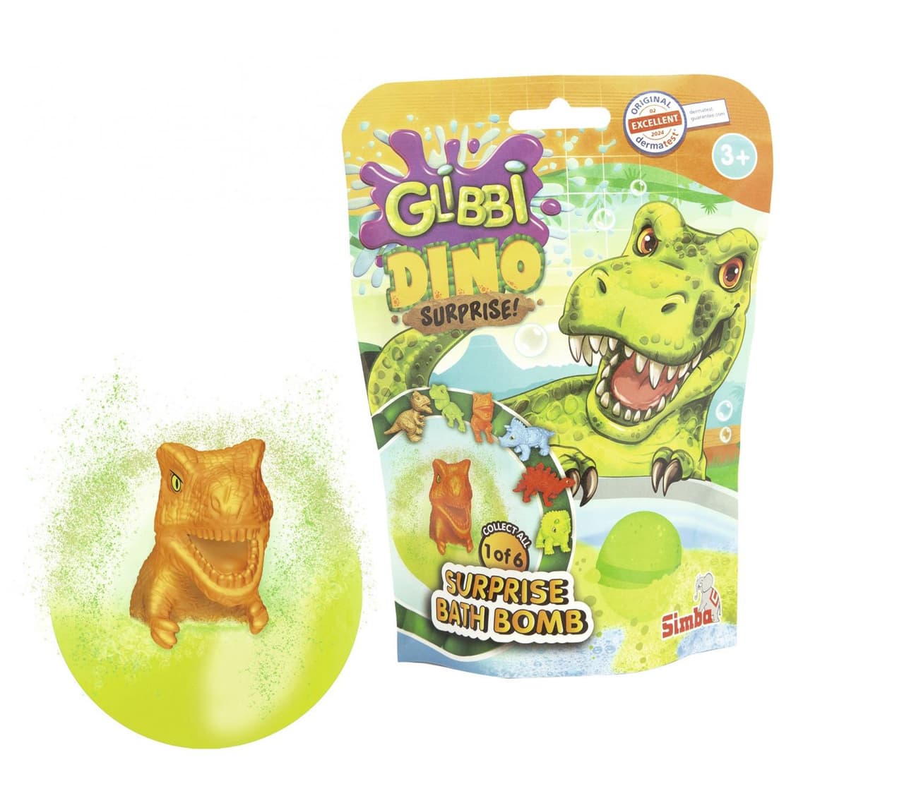 Simba GLIBBI DINO Bombas de Baño Sorpresa para Niños con Figuras de Dinosaurios Coleccionables, A partir de 3 años, 100 g, 105953717, Azul, Verde o Naranja