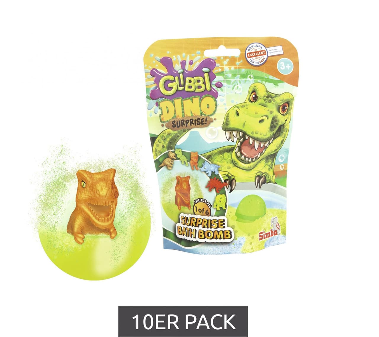 Simba Paquete de 10 Bombas de Baño Sorpresa GLIBBI DINO para Niños con Figuras de Dinosaurios Coleccionables, A partir de 3 años, 100 g, Azul, Verde o Naranja