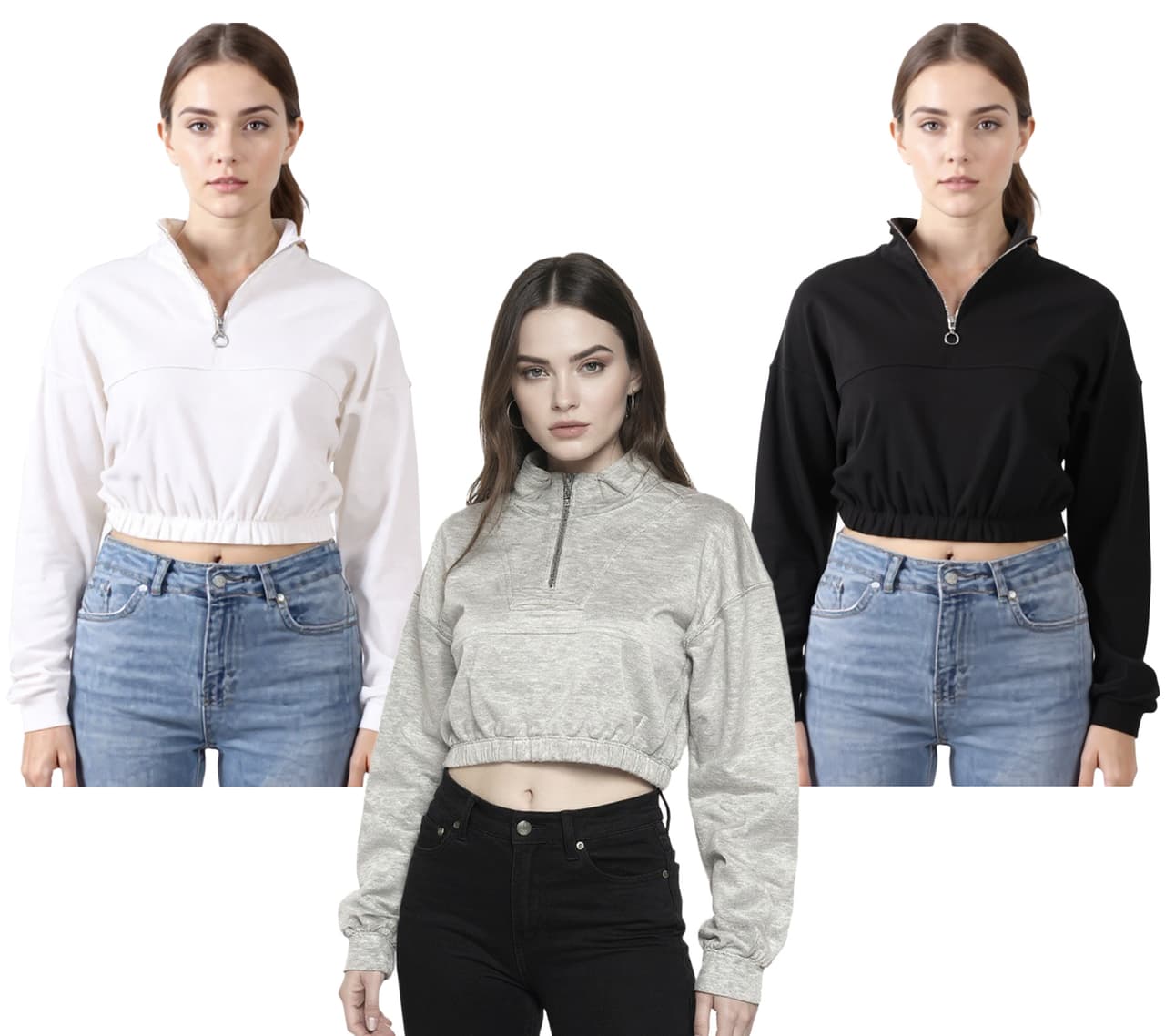 ZEGY Suéter corto para mujer, de algodón, con media cremallera y manga larga, 1073, en blanco, negro o plateado