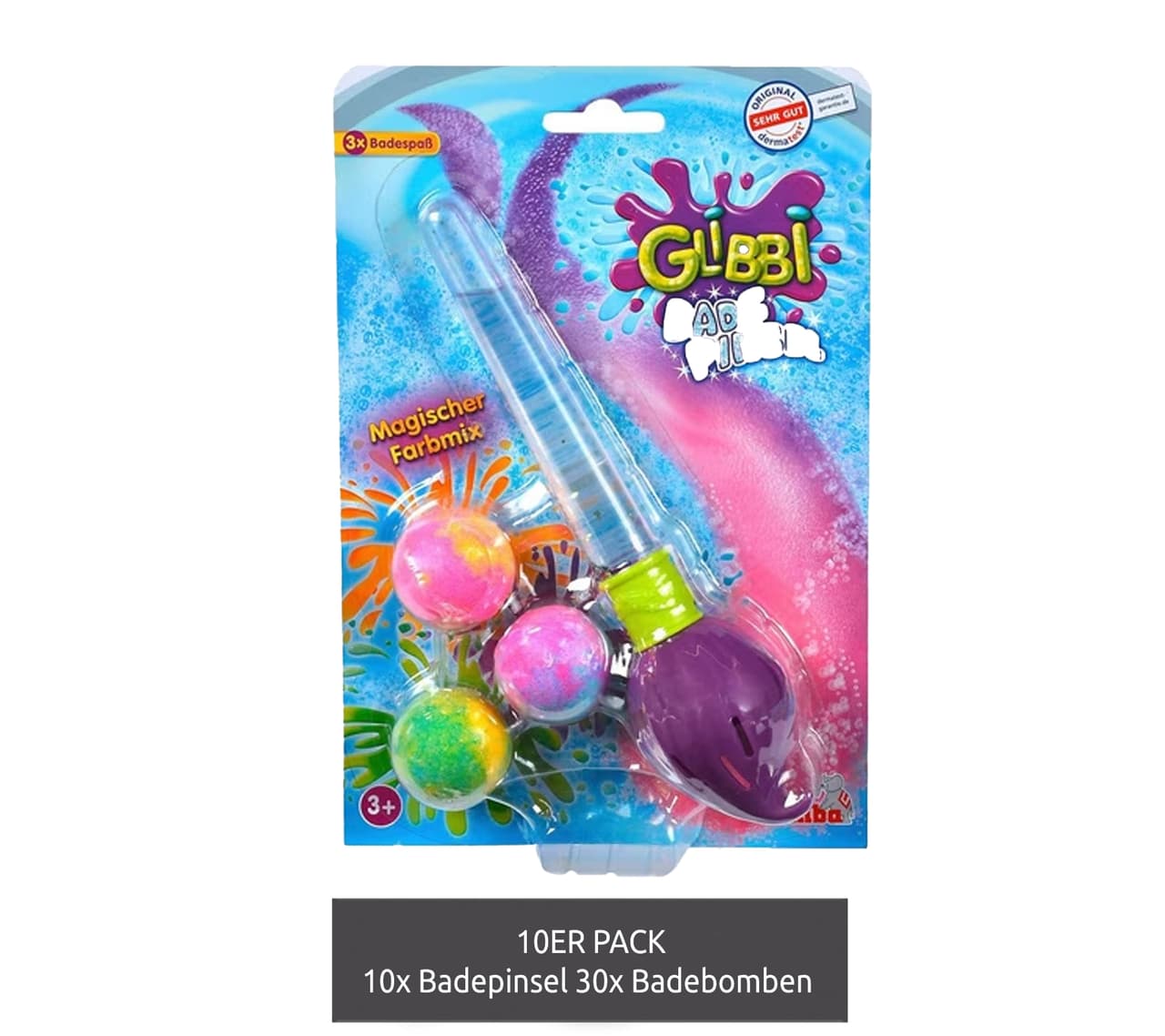 Simba Set de 10 Unidades (Pack Económico): Kit de Cepillo de Baño GLIBBI – Bombas de Baño Mágicas para Niños con Cepillo con Purpurina – Set Recargable (3 x 30 g) – N.º de artículo – Morado/Multicolor