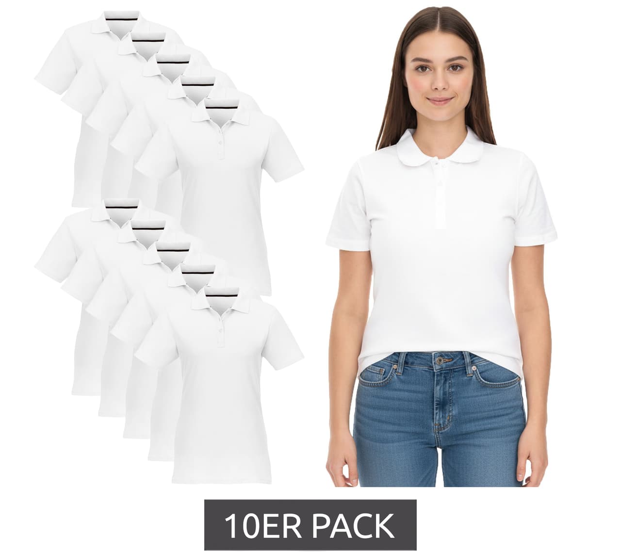 Elevate Paquete de 10 polos Helios para mujer, algodón, punto piqué, 180 g/m², Blanco