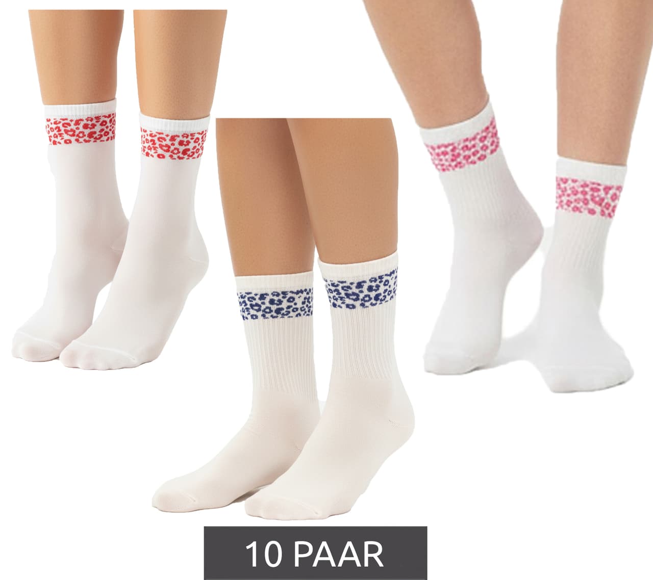 Zwillingsherz 10 pares de calcetines de tenis cómodos para mujer con estampado de leopardo - Calcetines de algodón para uso diario Blanco/Rosa, Blanco/Rojo o Blanco/Azul
