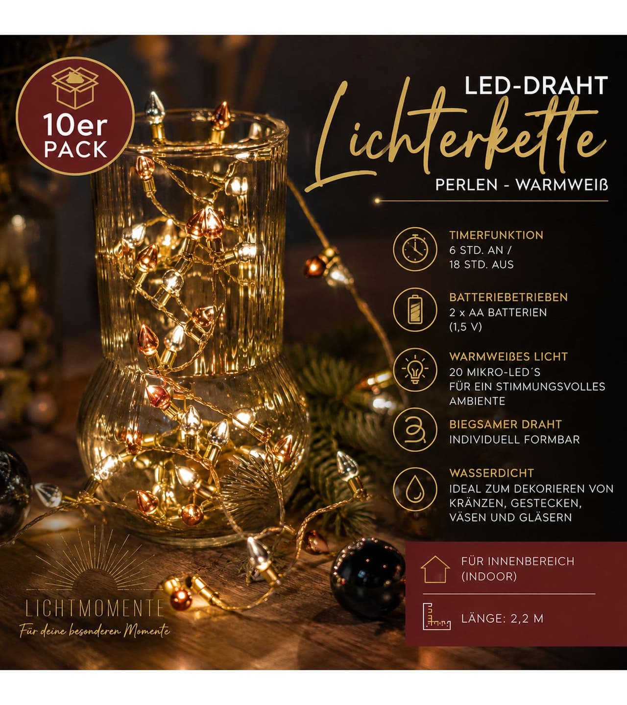 Lichtmomente Guirnalda de luces Sparkling Light Moments (paquete de 10) con temporizador, 2,2 metros, 20 micro LEDs blanco cálido, cable LED, Dorado