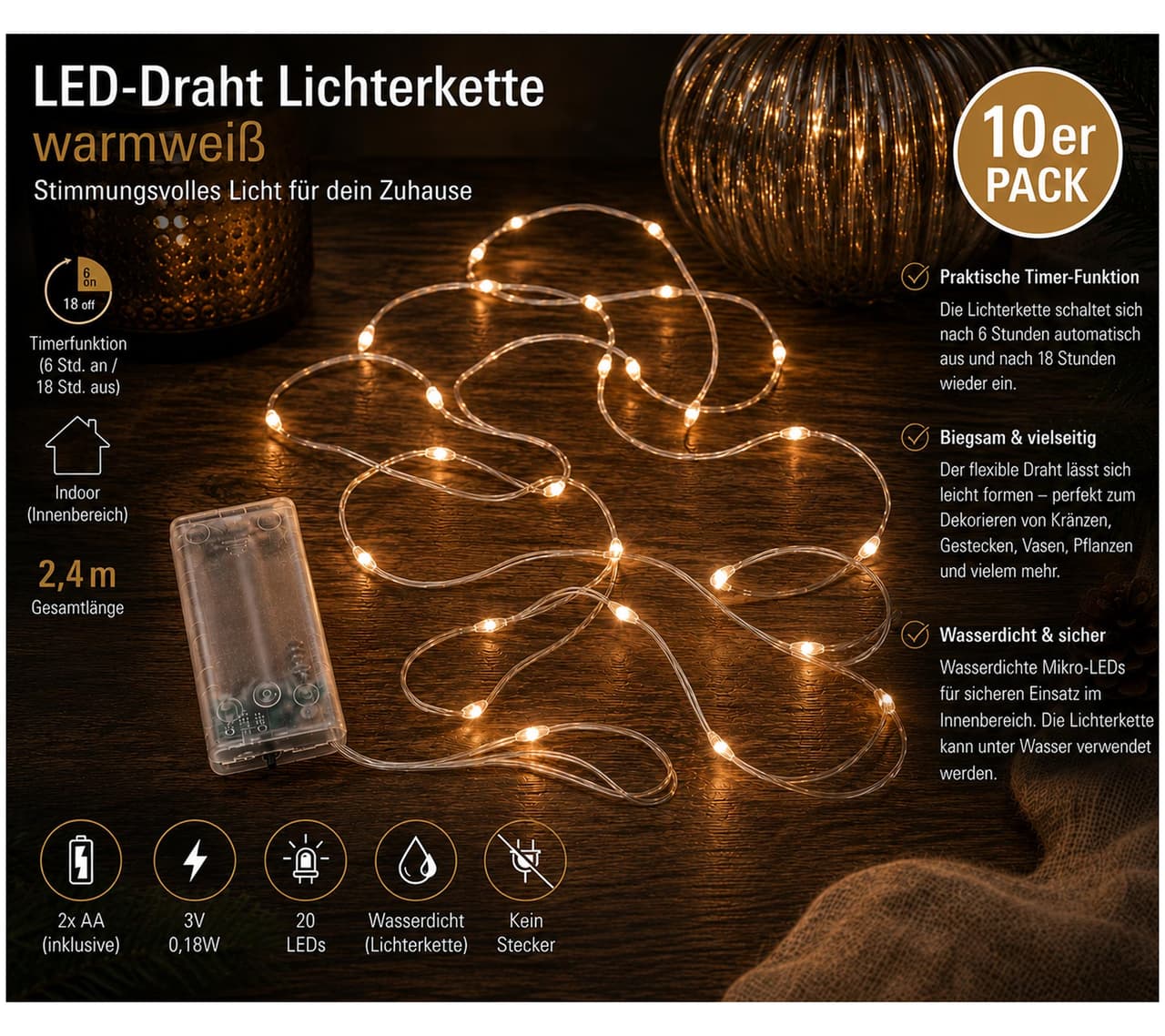 Lichtmomente Paquete de 10 guirnaldas de luces LED Sparkling Light Moments con temporizador, 2,4 metros, 20 micro LEDs blanco cálido, Plata