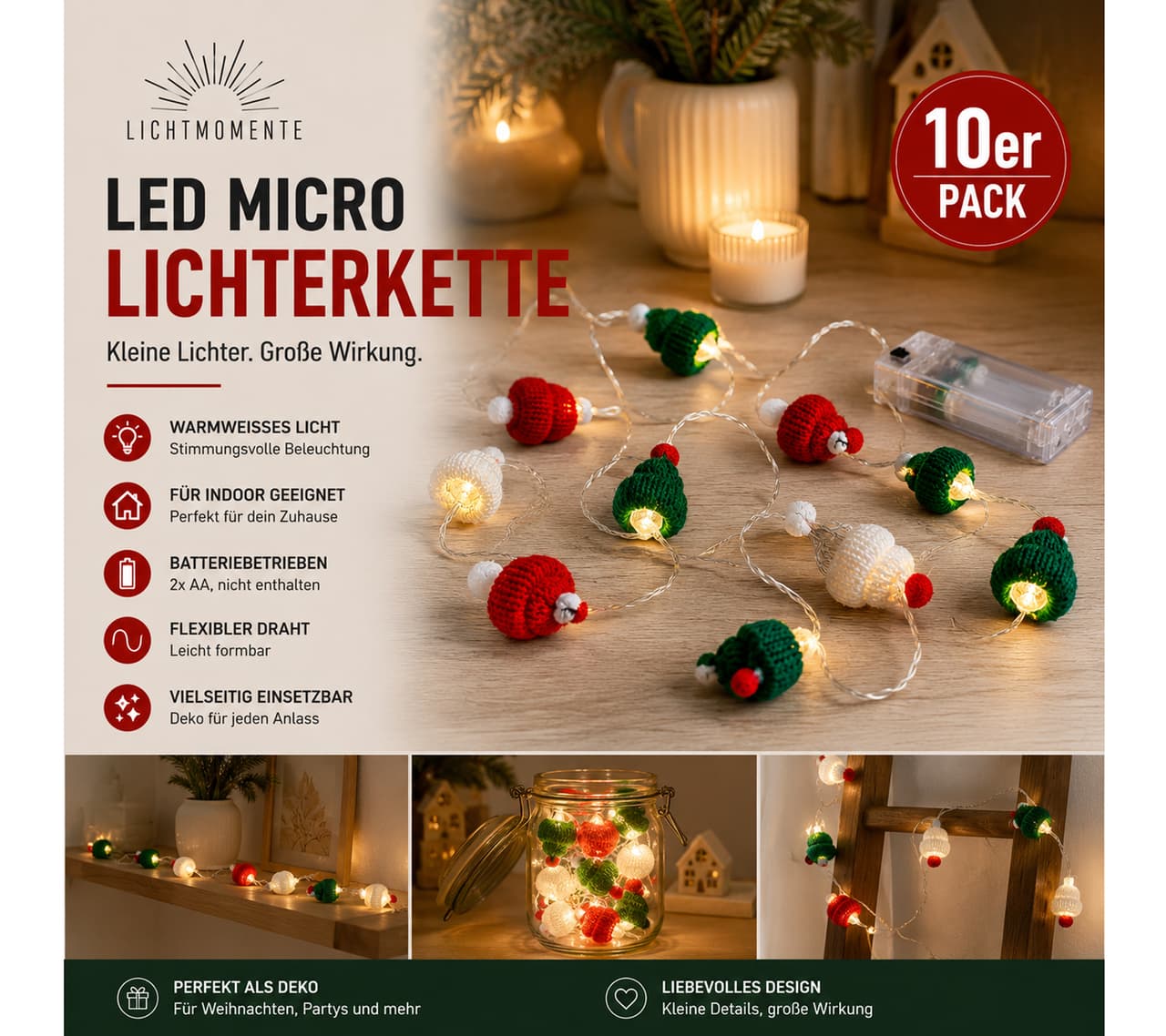 Lichtmomente Set económico de 10 unidades Guirnalda de luces LED LIGHT MOMENTS con diseño de gorro de punto, temporizador, 1,6 metros, 10 micro LEDs blanco cálido, Plata