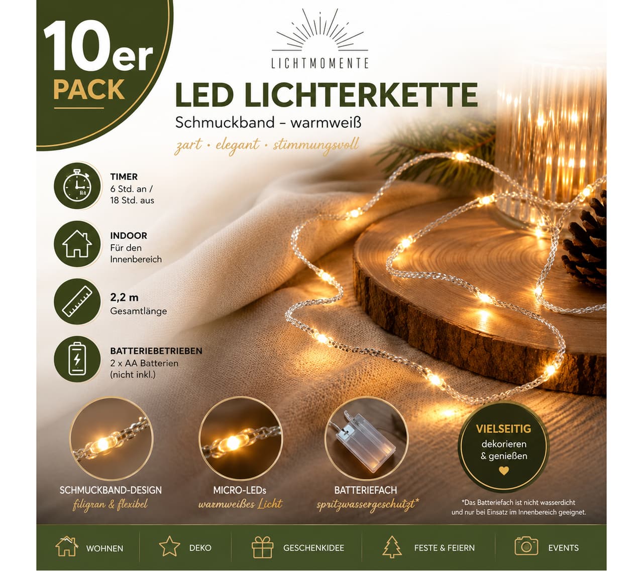 Lichtmomente Paquete económico de 10 unidades: Guirnalda de luces LED de alambre con cinta decorativa – Función de temporizador, 3,2 metros, 20 micro-LEDs de luz blanca cálida (Modelo 9844144, plateado)