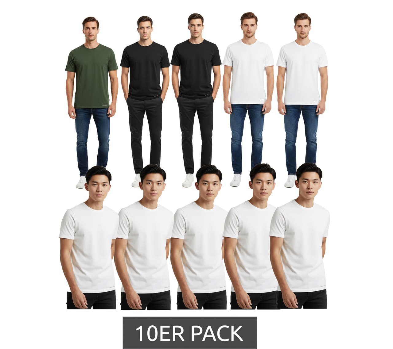 Scotch & Soda Pack de 10 camisetas de cuello redondo para hombre, de alta calidad, de algodón SSFA25M2312806, en blanco o negro/blanco/verde.