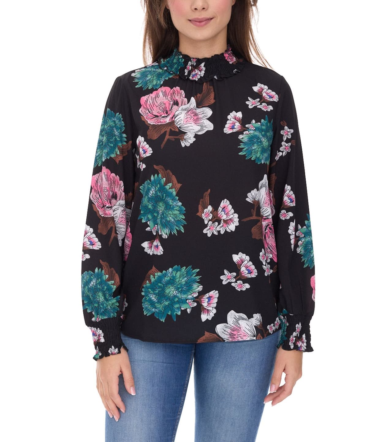 Aniston Blusa de verano informal para mujer con estampado floral, manga larga, 11049069, negro/rosa/verde