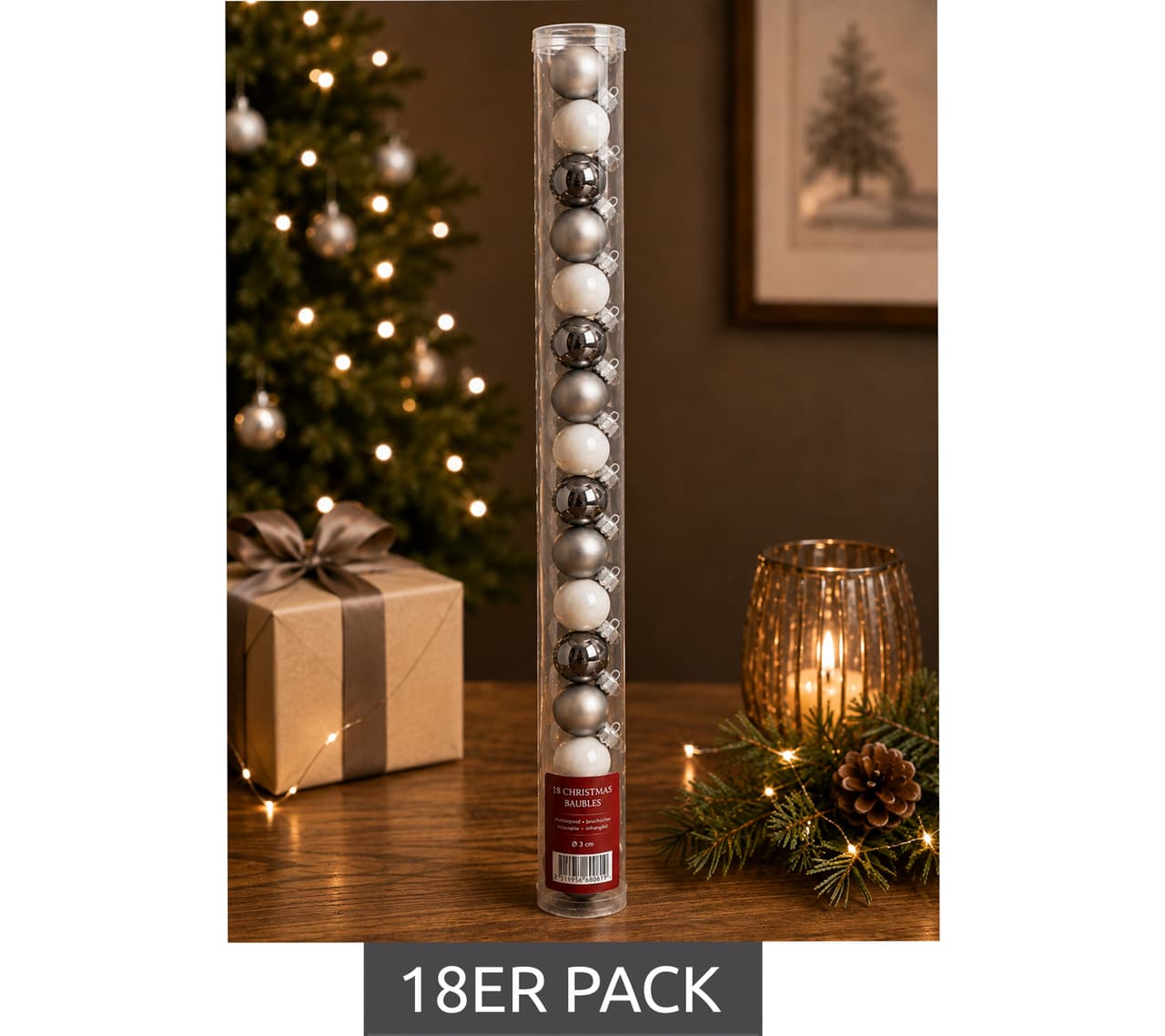 gwd Trend & Ambiente Juego de 18 adornos navideños de cristal, 25 mm de diámetro, **Grado B – Inspeccionados y en perfecto estado** Blanco/Gris/Negro