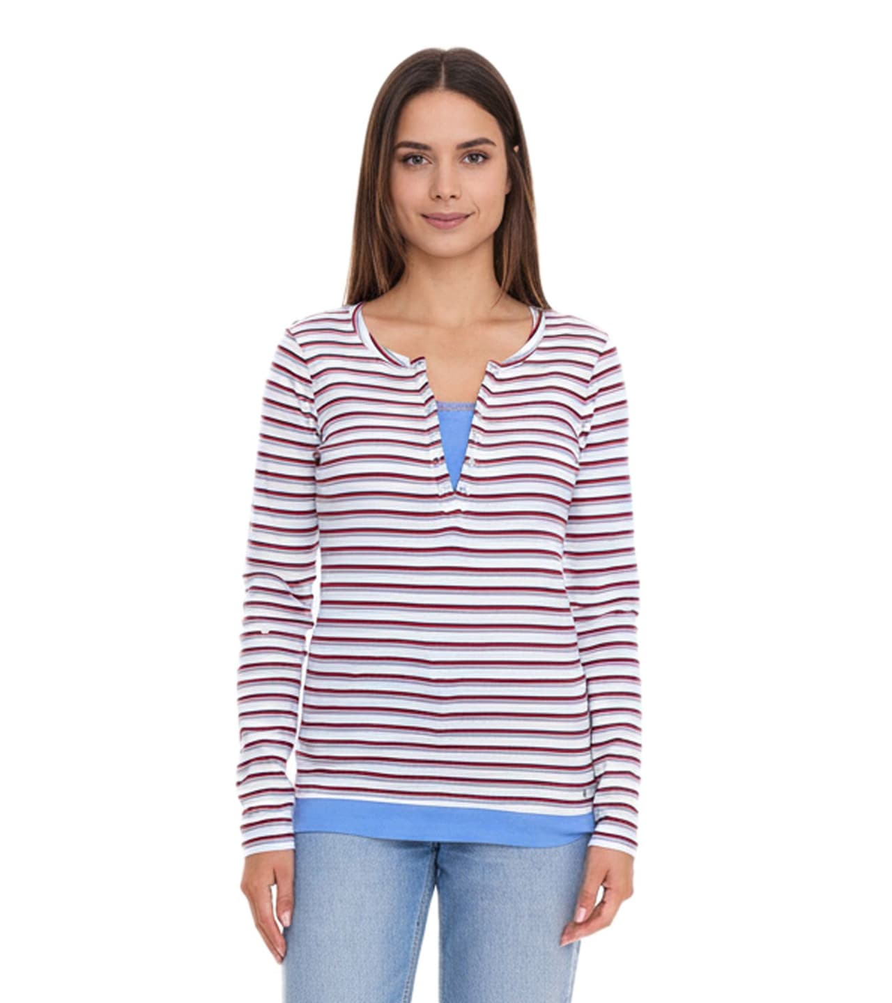 AjC Camisa de mujer de manga larga con encaje, camisa de algodón que realza la figura blanco/azul/rojo