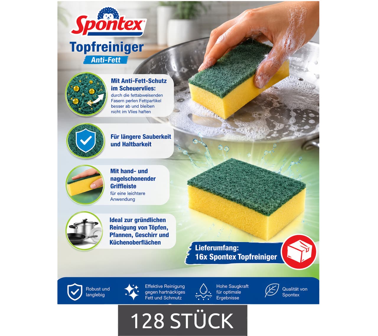 Spontex Paquete de 128 Estropajos con Protección Antigrasa para Lavaplatos (7724483, Amarillo/Verde)