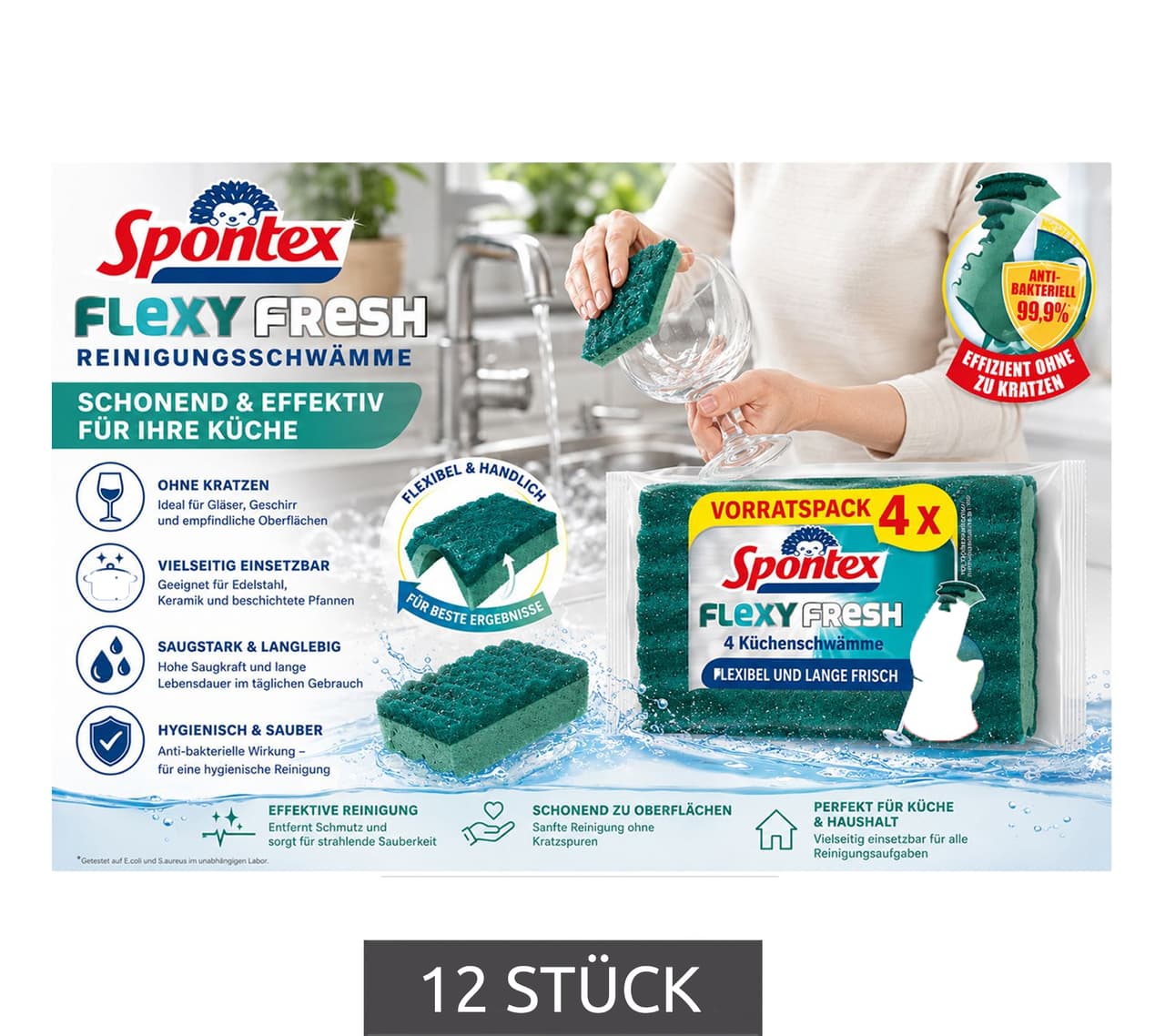 Spontex Esponjas de limpieza Flexy Fresh (paquete de 12) - Suaves con vasos y superficies delicadas Verde