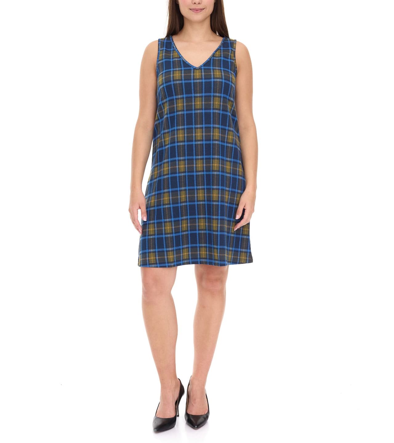 Aniston Vestido informal de verano para mujer sin mangas, a cuadros, azul/amarillo,