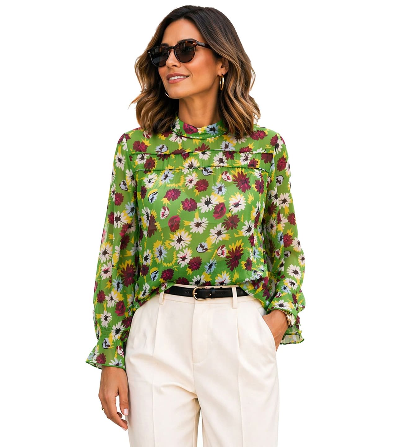 Aniston Blusa de verano para mujer blusa de gasa transparente con estampado de flores por todas partes Verde/Multicolor