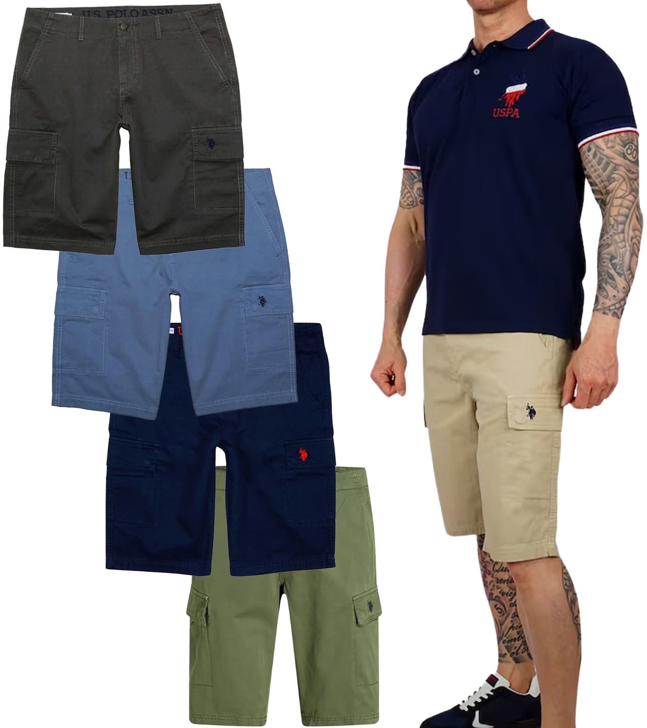 U.S. POLO ASSN. Shorts cargo ligeros para hombre con bordado de U.S. Polo, en caqui, azul, beige o gris