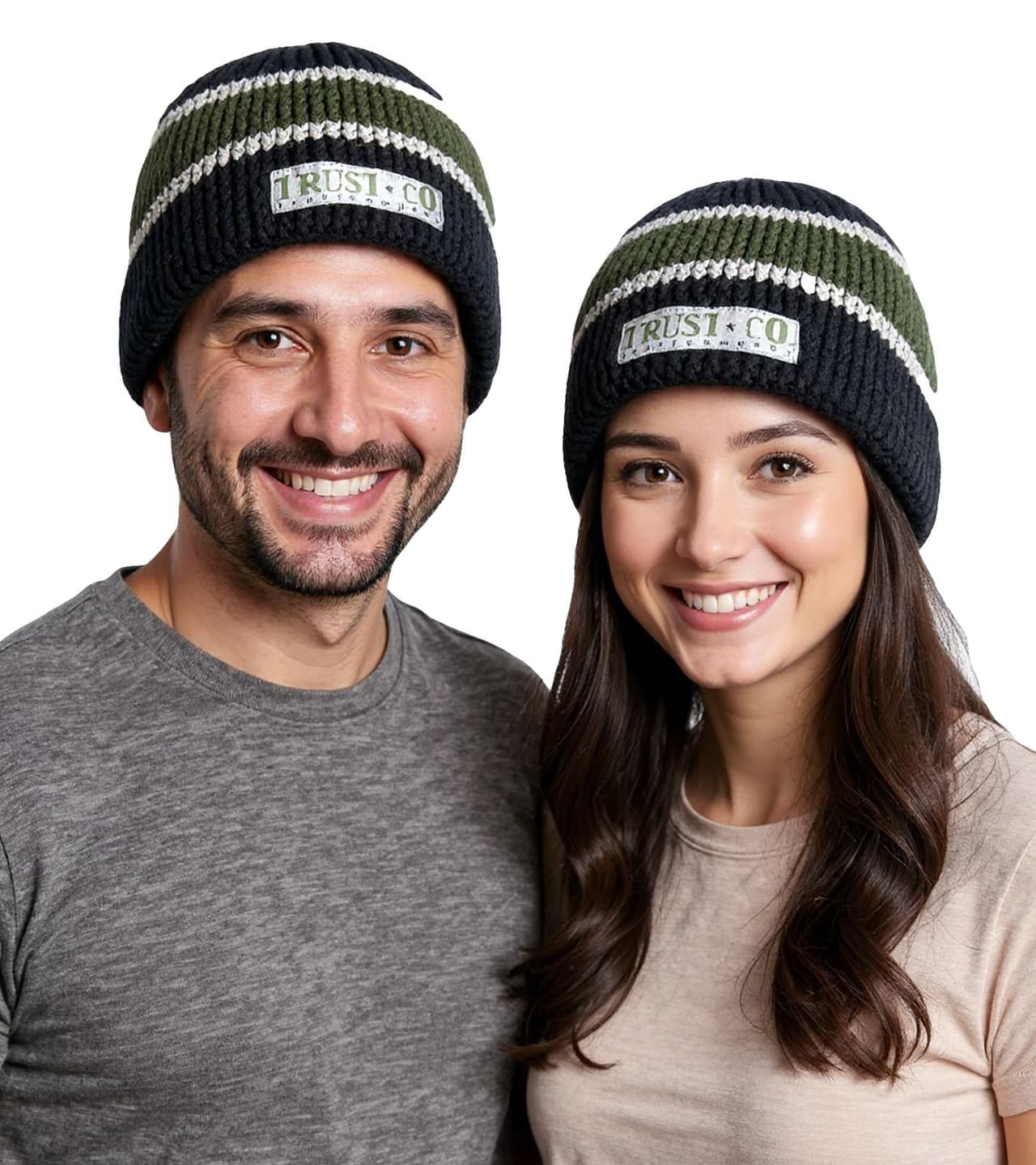 Bio-Domes Headgear Gorro de invierno unisex de crochet Trust Co, gorro de punto suave con rayas, gorro de algodón azul marino/blanco/verde
