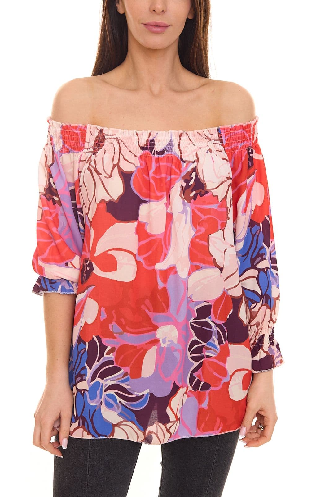 Aniston CASUAL Blusa de verano para mujer con estampado integral, camisa de verano con hombros descubiertos rosa/rojo