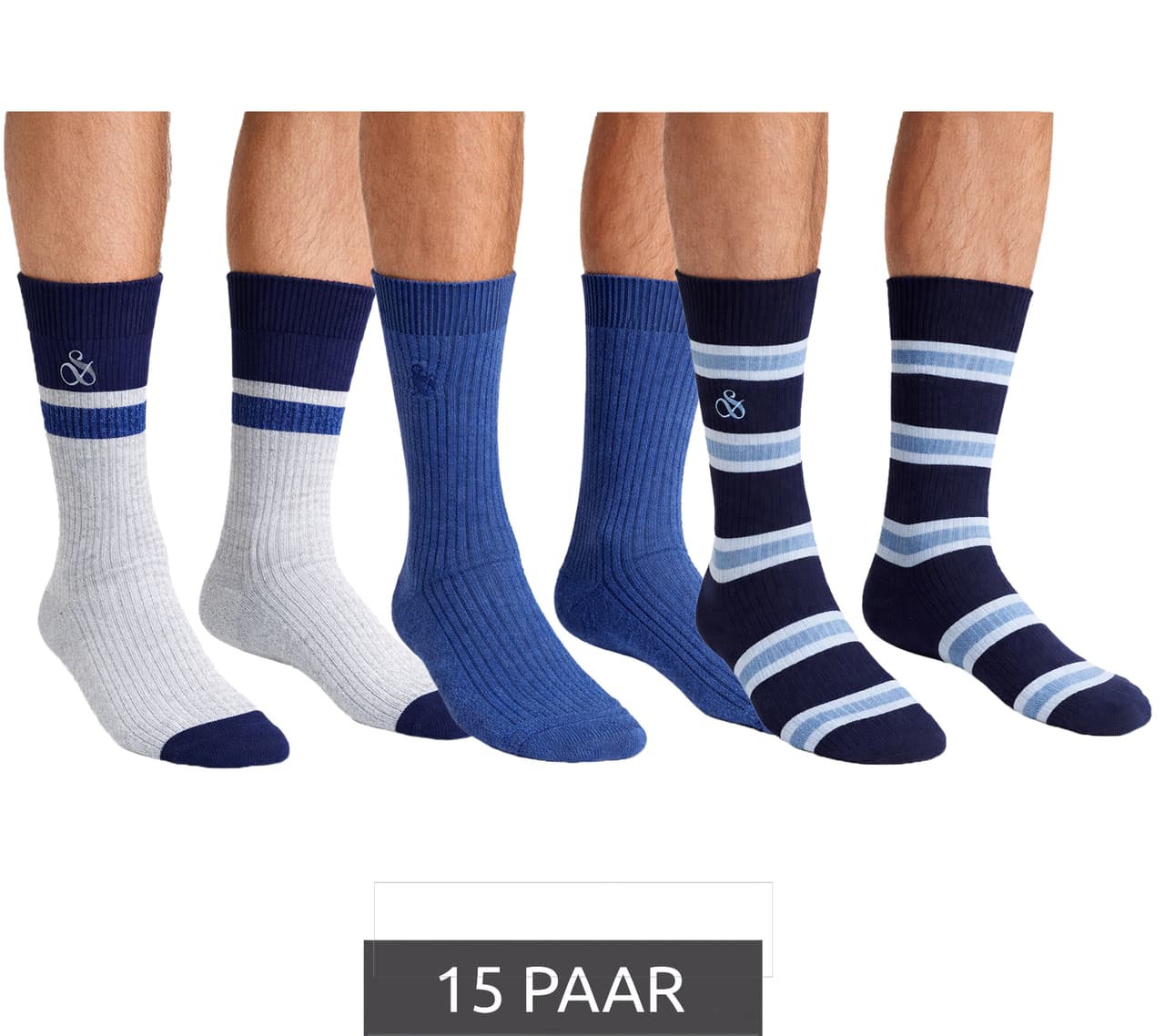 Scotch & Soda 15 pares de calcetines de hombre Amsterdam de mezcla de algodón, talla única (41-46), para uso diario. SS601099-037. Colores: Gris/Azul marino, Azul jaspeado, Rayas azules.