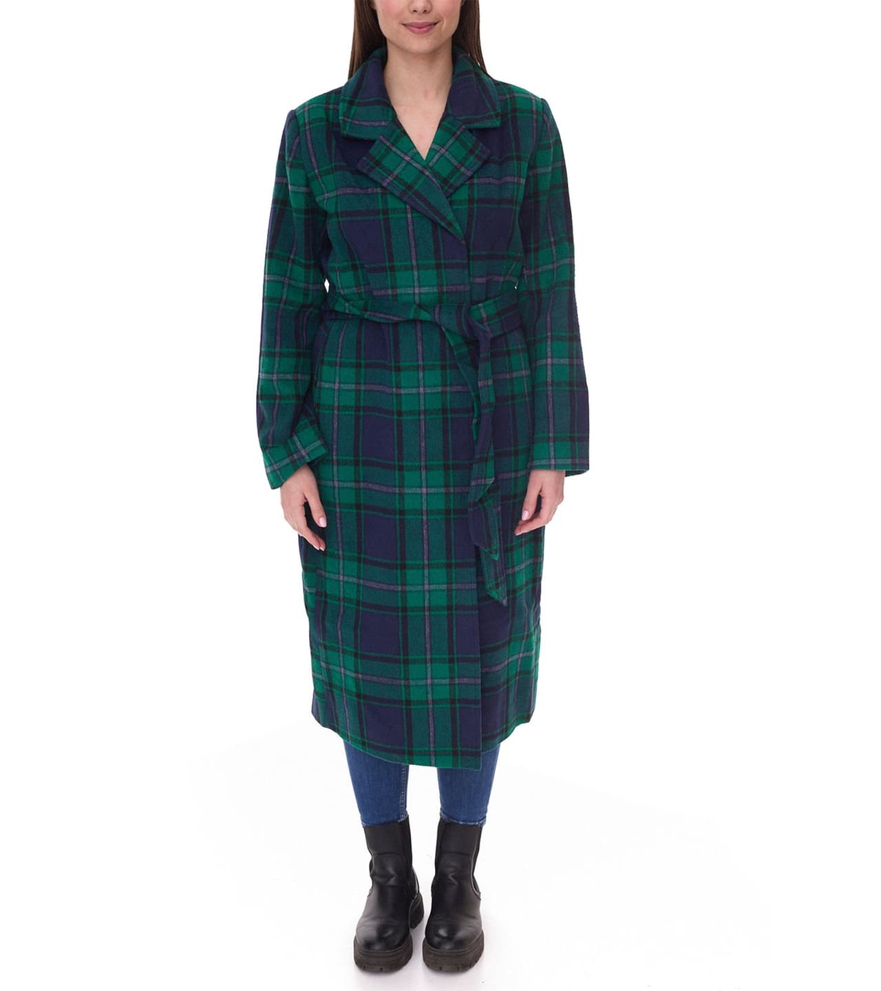 Delmao Chaqueta de otoño a cuadros para mujer de con cuello de solapa y cinturón para atar verde/azul