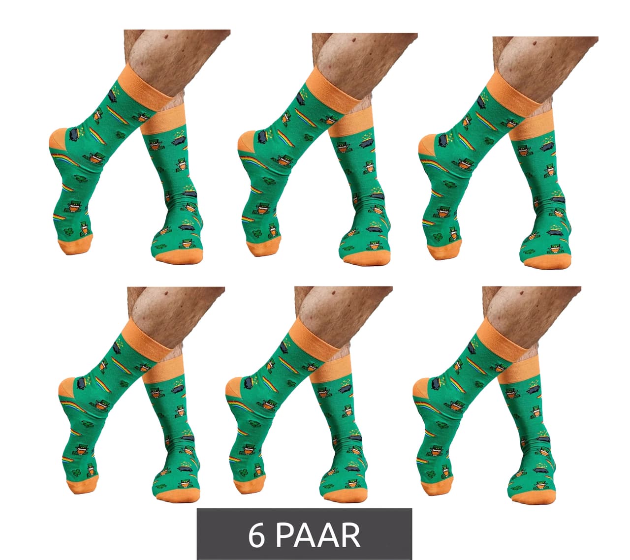 Moustard 6 pares de calcetines de algodón para hombre con estampado de San Patricio en color mostaza y arcoíris y macetas doradas, calcetines largos con estampado verde/naranja/blanco