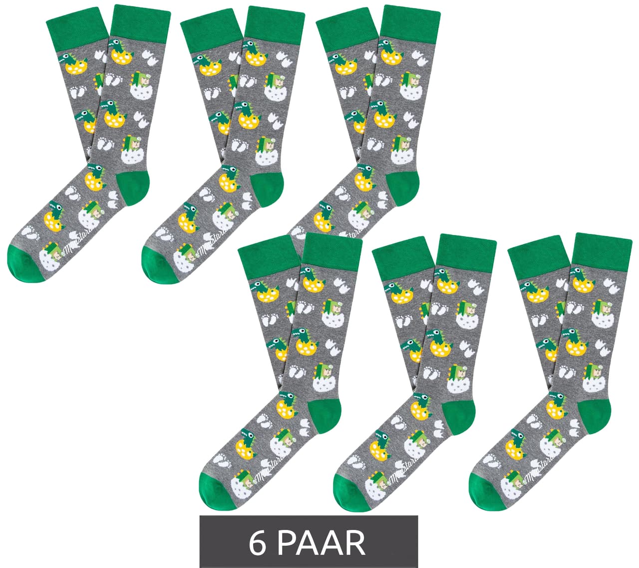 Moustard 6 pares de calcetines de algodón con diseño de huevo de dinosaurio en color mostaza y estampado de dinosaurios en eclosión, talla 18, gris, blanco y verde