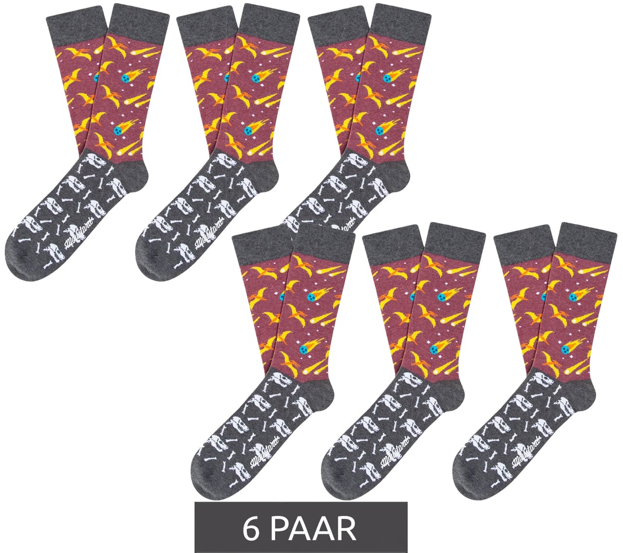 Moustard 6 pares de calcetines de algodón Mustard Extinction con estampado de cometas y dinosaurios, calcetines largos gris/rosa/multicolor