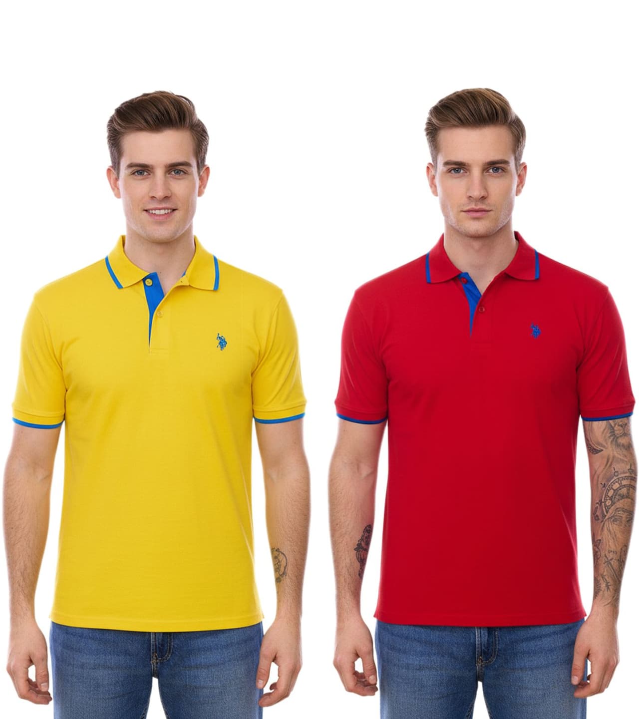 U.S. POLO ASSN. Polo básico de para hombre, de algodón y manga corta, en amarillo o rojo con detalles en azul.