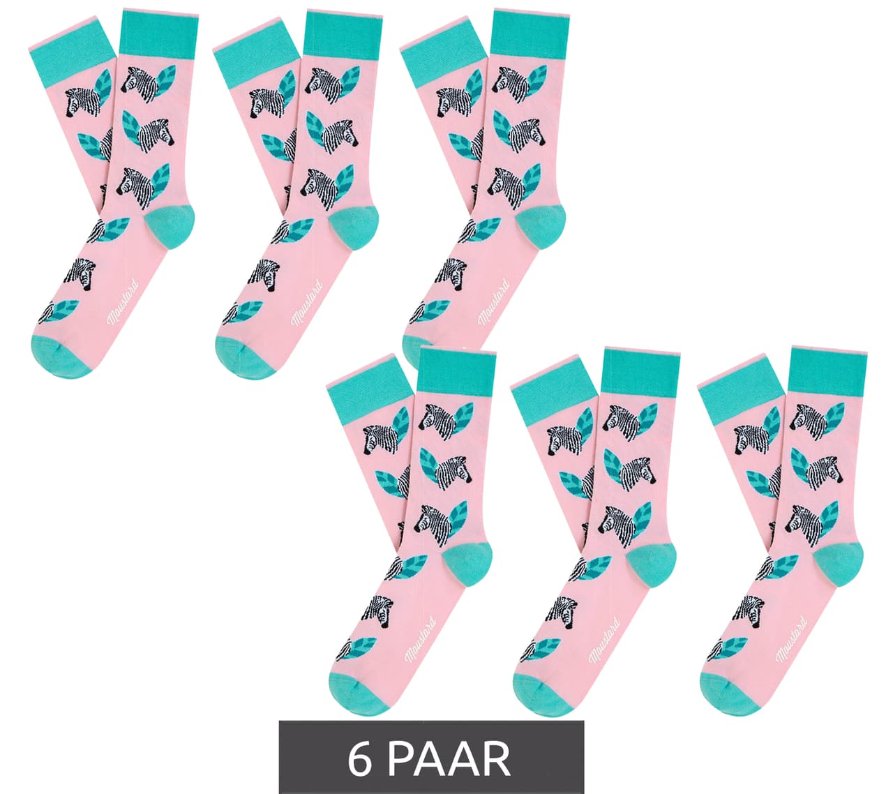 Moustard 6 pares de calcetines de algodón con estampado de cebra color mostaza y calcetines largos con estampado de cebra rosa/gris/verde