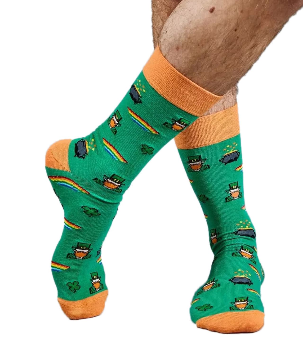 Moustard 1 par de calcetines de algodón para hombre con estampado de San Patricio de color mostaza y arcoíris y macetas doradas, calcetines largos con estampado verde/naranja/blanco