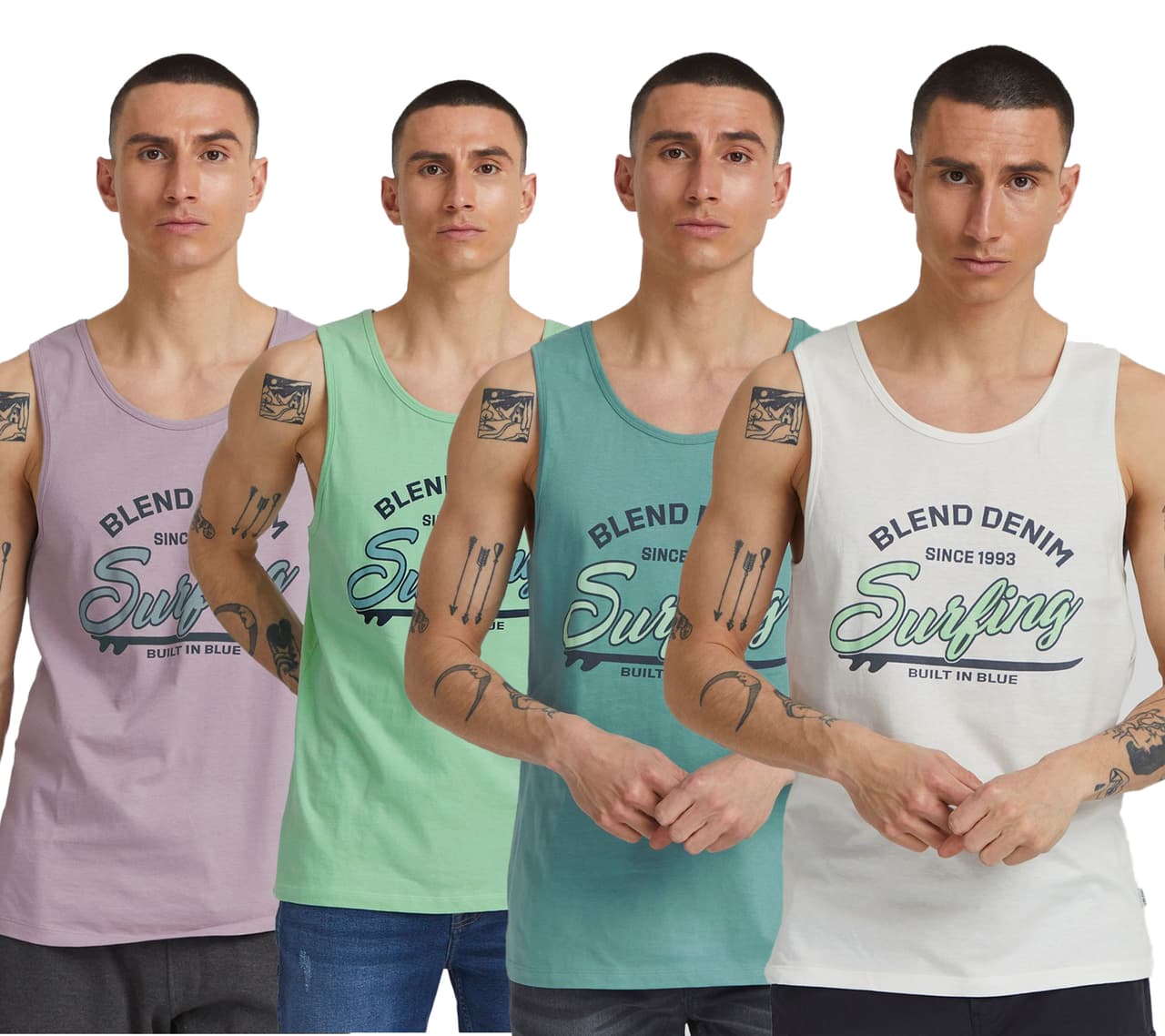 Blend Camiseta sin mangas clásica de cuello redondo para hombre BDLingo en blanco, azul, morado o turquesa