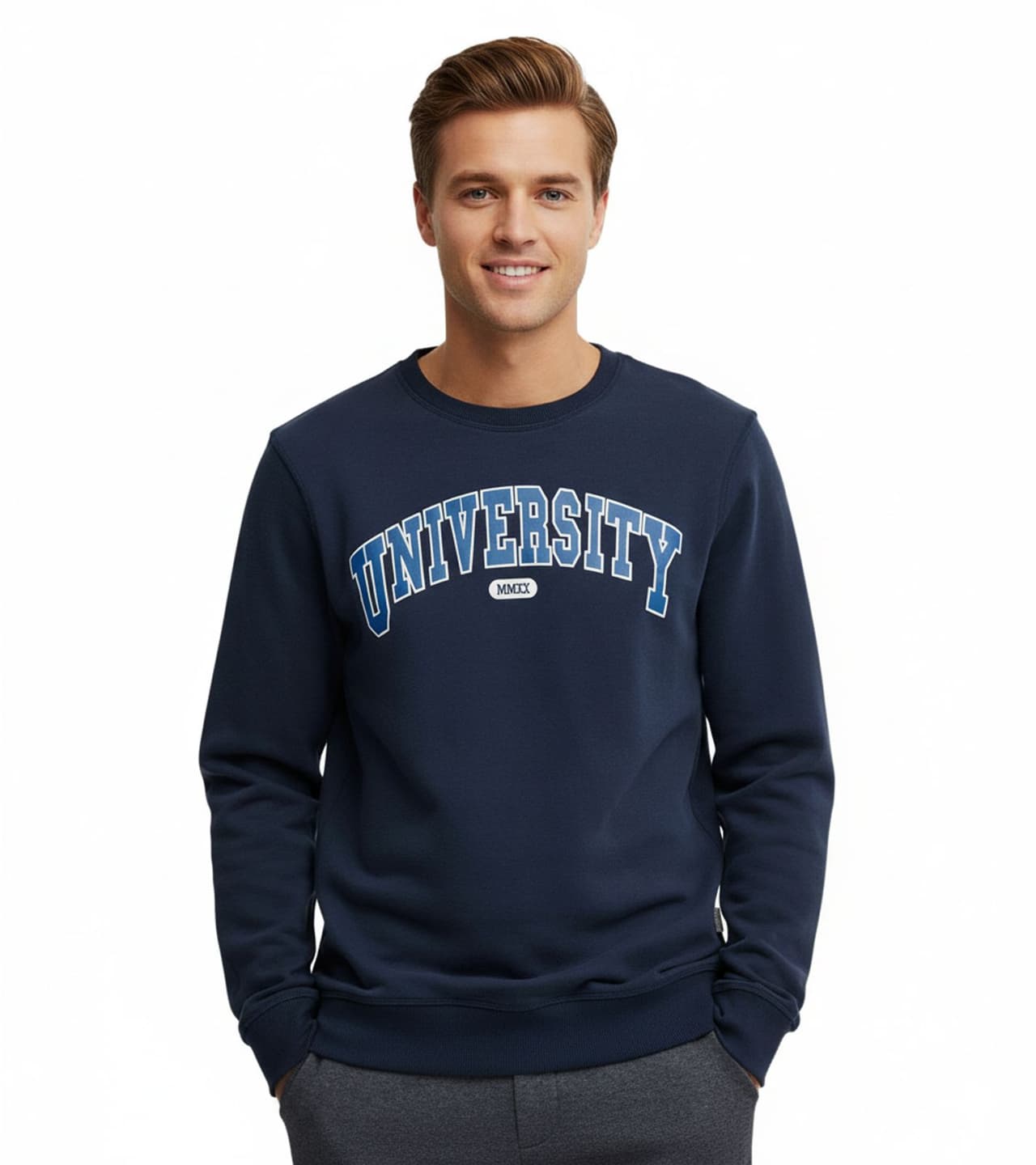 11 Project Suéter Davin para hombre con estampado UNIVERSITY en la parte delantera, sudadera de algodón, 194024, azul oscuro