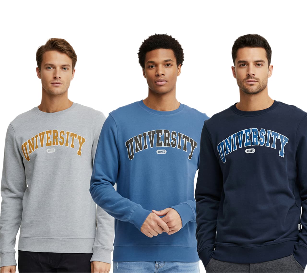 11 Project Suéter Davin de para hombre con estampado "UNIVERSITY" en la parte delantera, sudadera de algodón en azul oscuro, gris o azul.