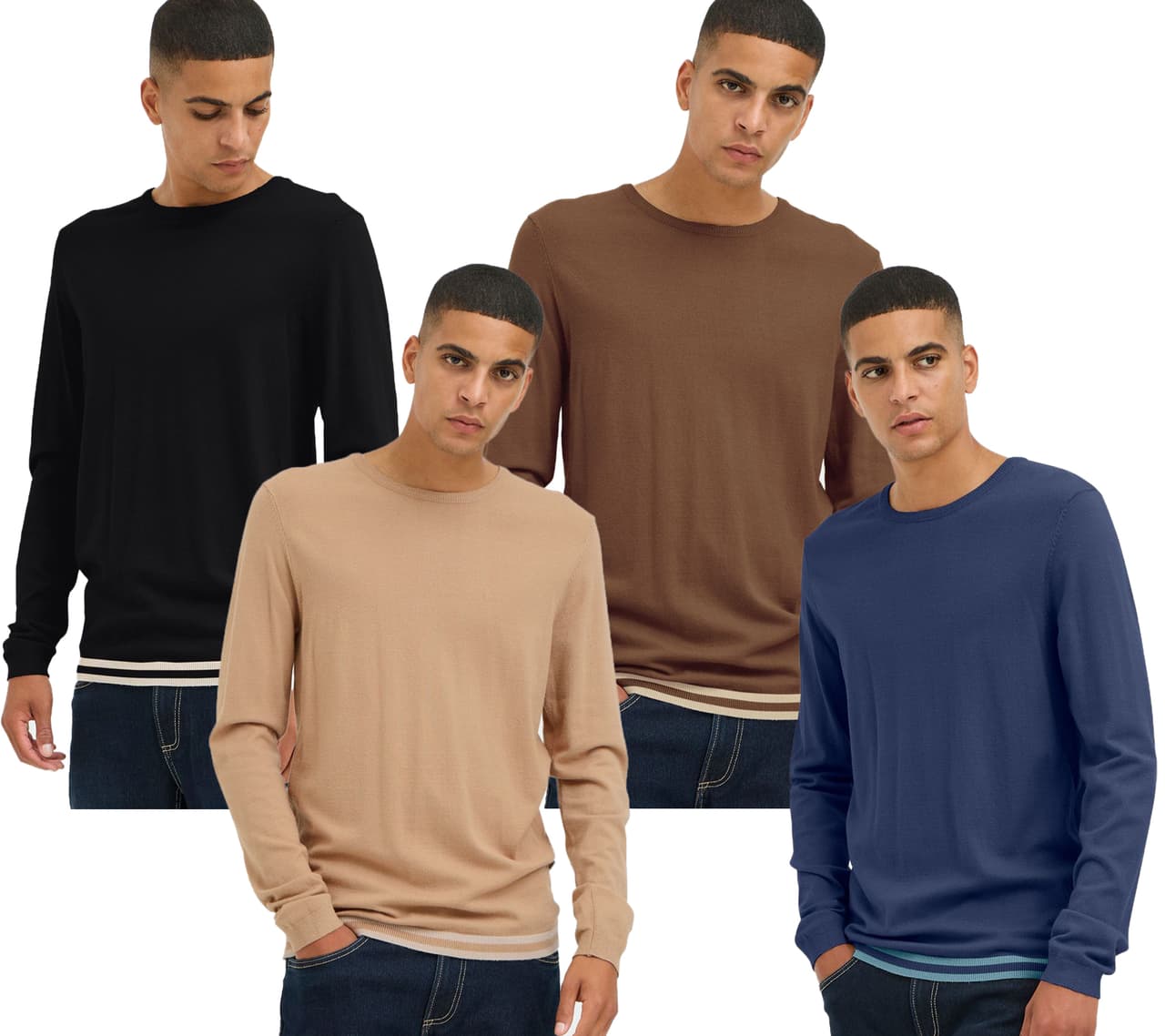 Blend Jersey clásico de punto fino con cuello redondo para hombre Negro, Marrón, Azul o Beige