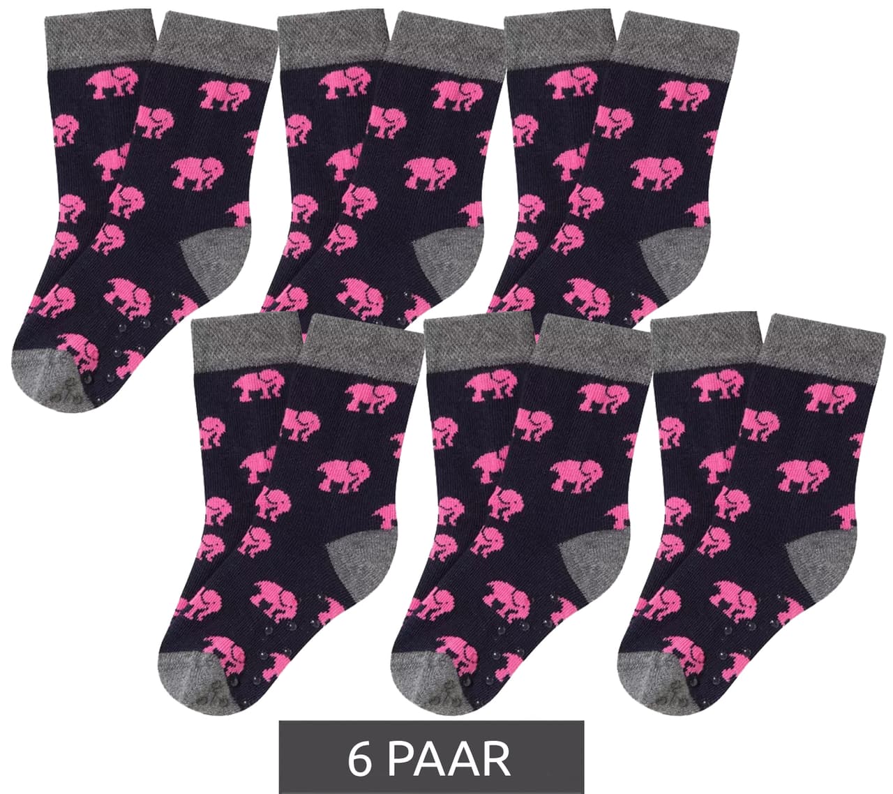 Moustard 6 pares de calcetines de algodón para niños Mustard, calcetines con estampado de elefantes, calcetines para niños pequeños negro/rosa/gris