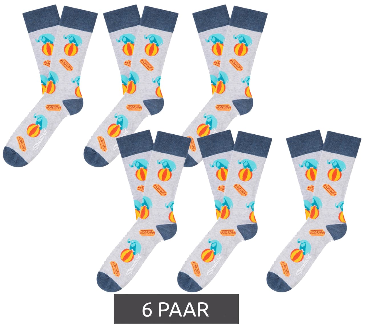 Moustard 6 pares de calcetines de algodón para hombre con estampado integral de elefantes color mostaza Circus calcetines largos Gris/Azul